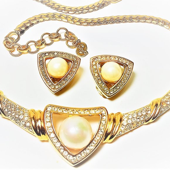 Vintage Dior Faux Pearl Pave Necklace and Earring - Picture 1 of 10
